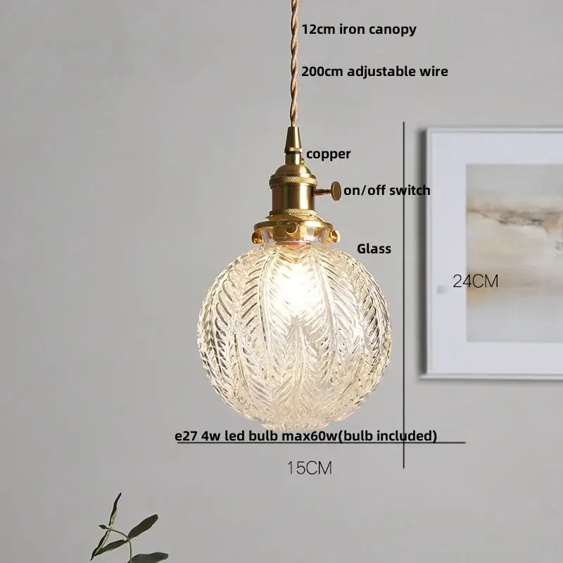 Industrial brass ribbed glass globe pendant light fixture kitchen
