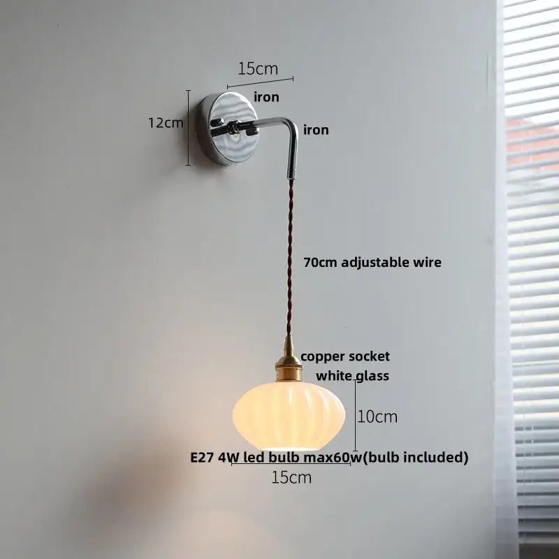 Vintage brushed brass glass wall light bedroom ribbed shade