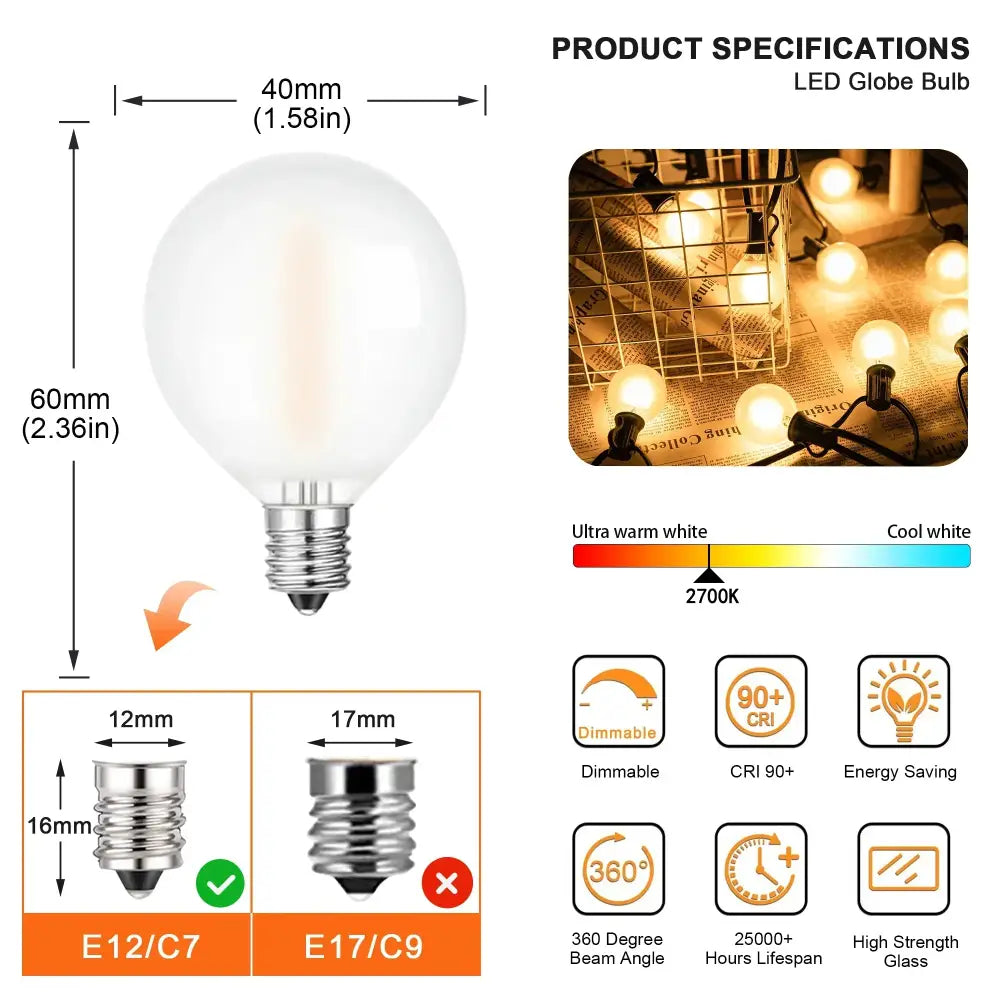 DecorBites™ LED Globe String Lights with E12 Base for Outdoor Patio Garland
