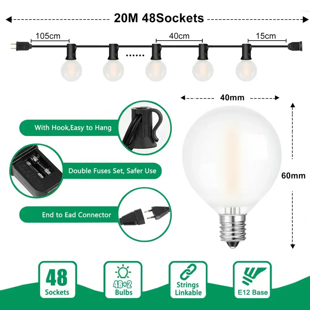 DecorBites™ LED Globe String Lights with E12 Base for Outdoor Patio Garland