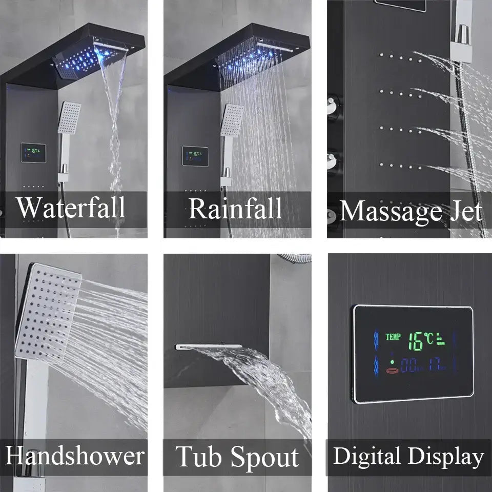 DecorBites™ LED Rainfall Shower Panel Set with Temperature Screen and Hand Sprayer