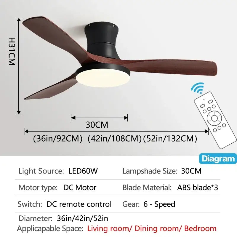 Modern black and dark wood low profile ceiling fan bedroom light