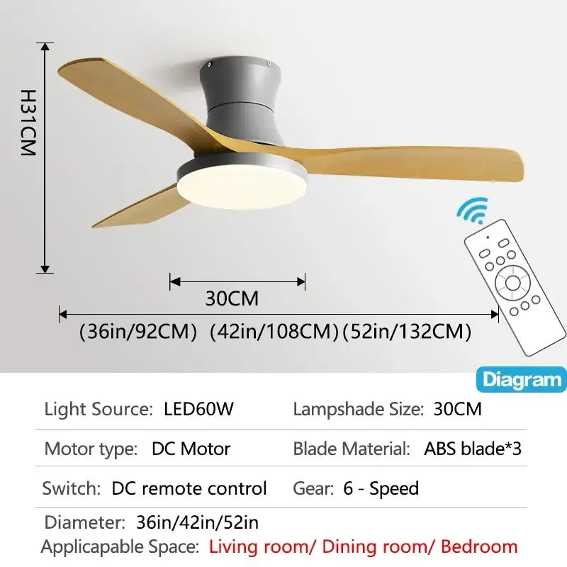 Modern black and dark wood low profile ceiling fan bedroom light