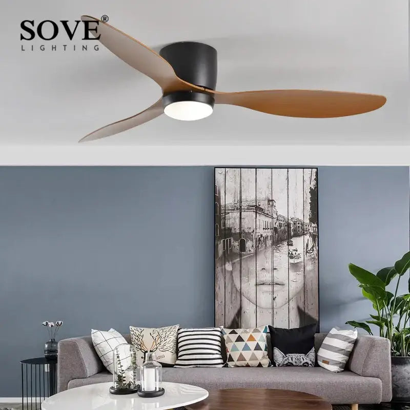 Modern black and wood low profile ceiling fan bedroom remote control