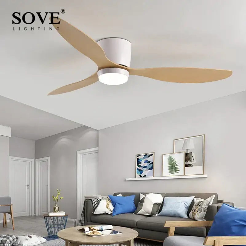 Modern black and wood low profile ceiling fan bedroom remote control
