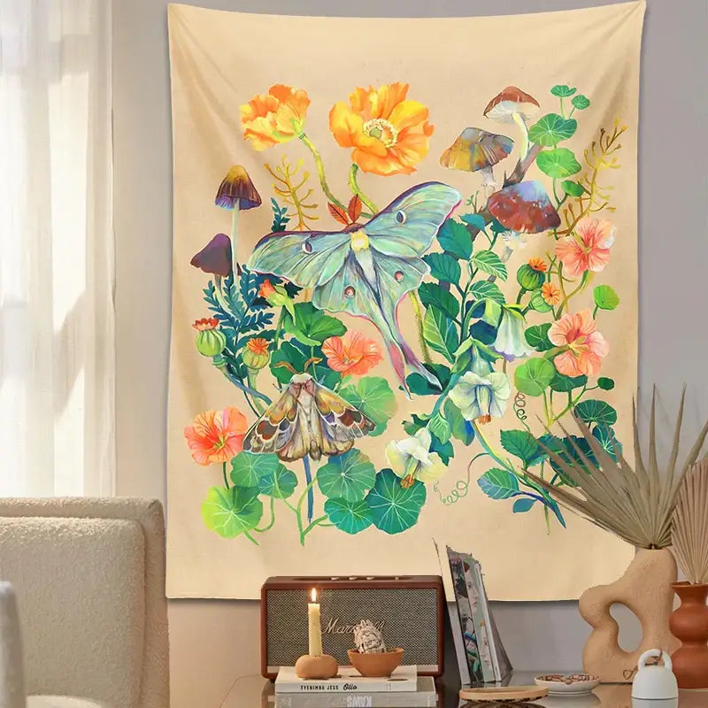 DecorBites™ Luna Moth Tapestry: Psychedelic Botanical Wall Hanging for Home Decor