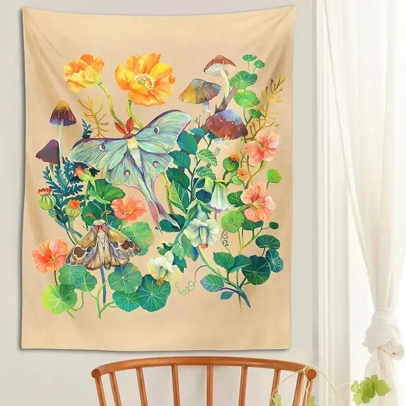 DecorBites™ Luna Moth Tapestry: Psychedelic Botanical Wall Hanging for Home Decor