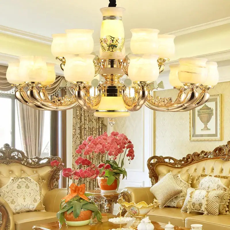 Luxe jade copper gold chandelier with frosted shades living room
