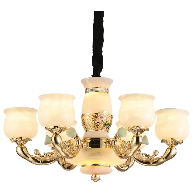 Luxe jade copper gold chandelier with frosted shades living room