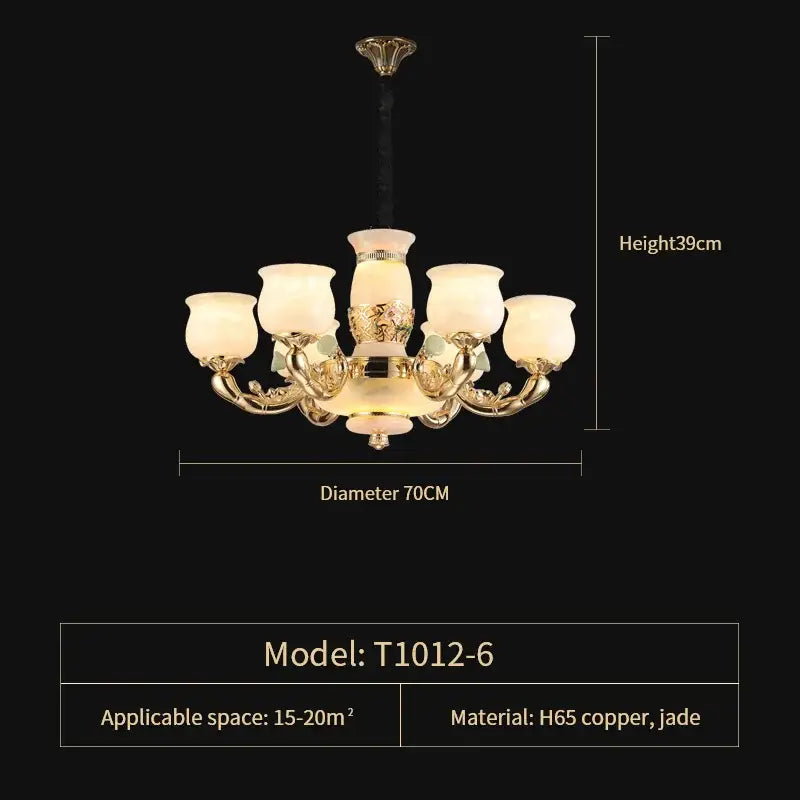 Luxe jade copper gold chandelier with frosted shades living room