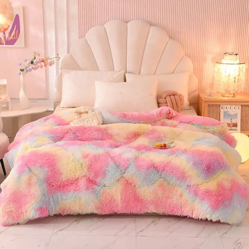 DecorBites™ Luxe Mink Fleece Flannel Patchwork Quilt: Soft, Warm, & Cozy Gradient Bedclothes