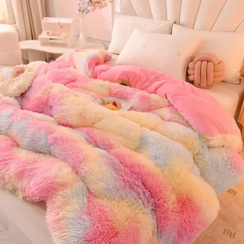 DecorBites™ Luxe Mink Fleece Flannel Patchwork Quilt: Soft, Warm, & Cozy Gradient Bedclothes