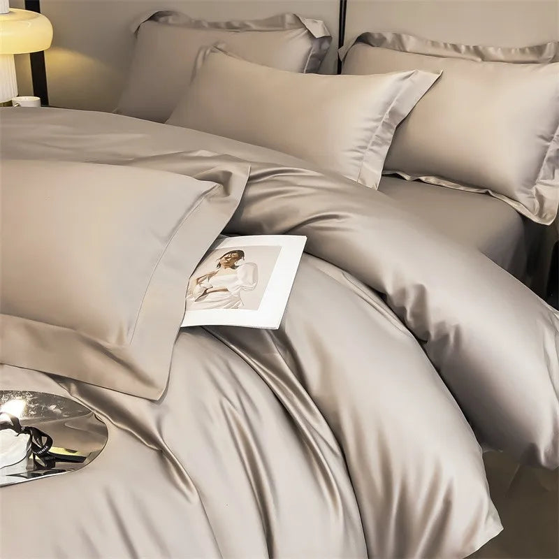 Luxurious silver gray satin duvet cover set bedroom bedding