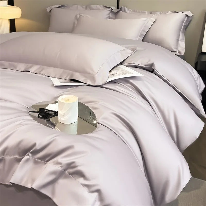 Luxurious silver gray satin duvet cover set bedroom bedding