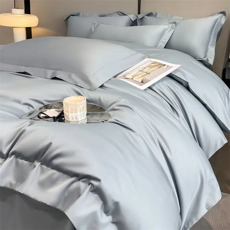 Luxurious silver gray satin duvet cover set bedroom bedding