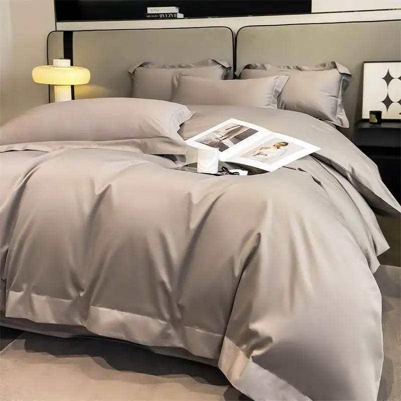 Luxurious silver gray satin duvet cover set bedroom bedding