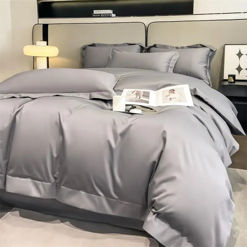 Luxurious silver gray satin duvet cover set bedroom bedding