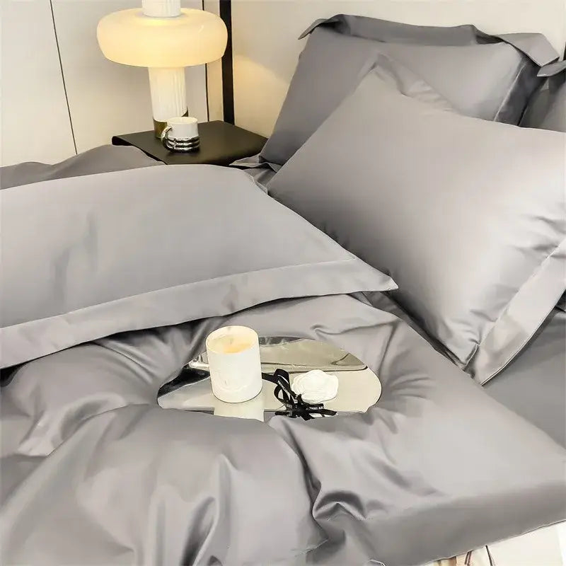 Luxurious silver gray satin duvet cover set bedroom bedding