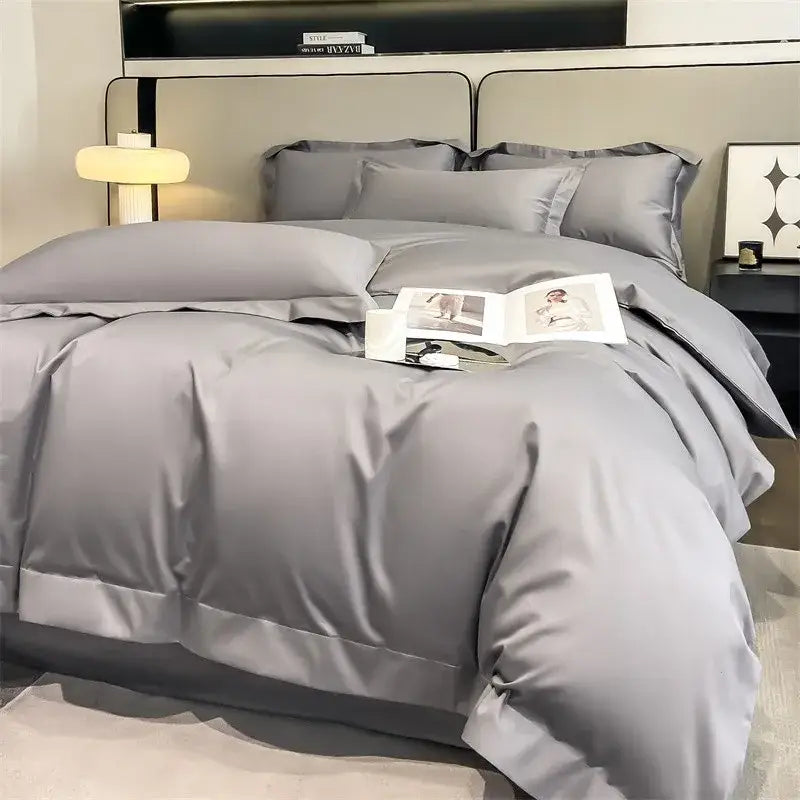 Luxurious silver gray satin duvet cover set bedroom bedding