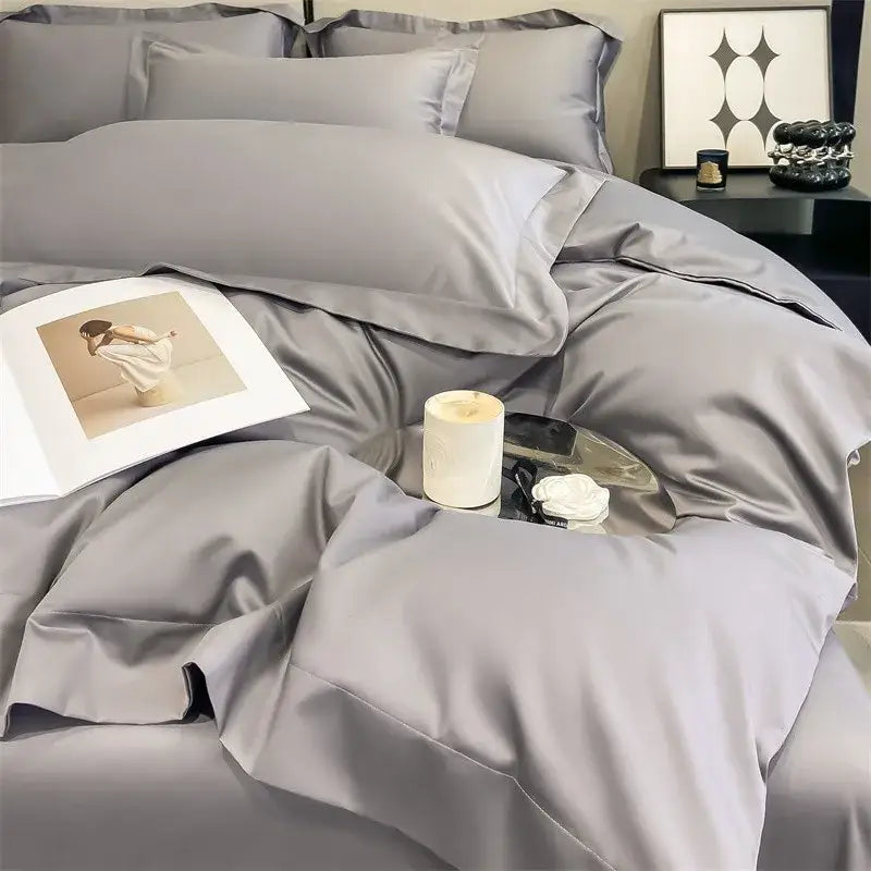 Luxurious silver gray satin duvet cover set bedroom bedding