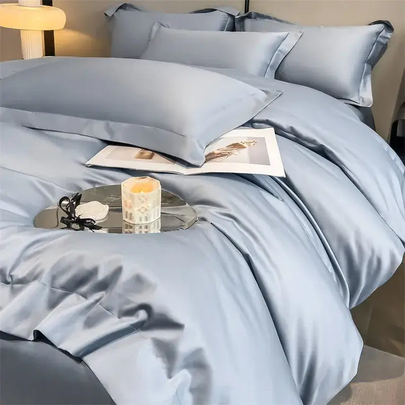Luxurious silver gray satin duvet cover set bedroom bedding