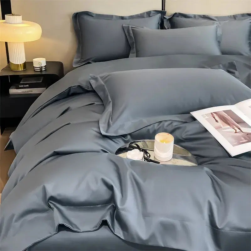 Luxurious silver gray satin duvet cover set bedroom bedding