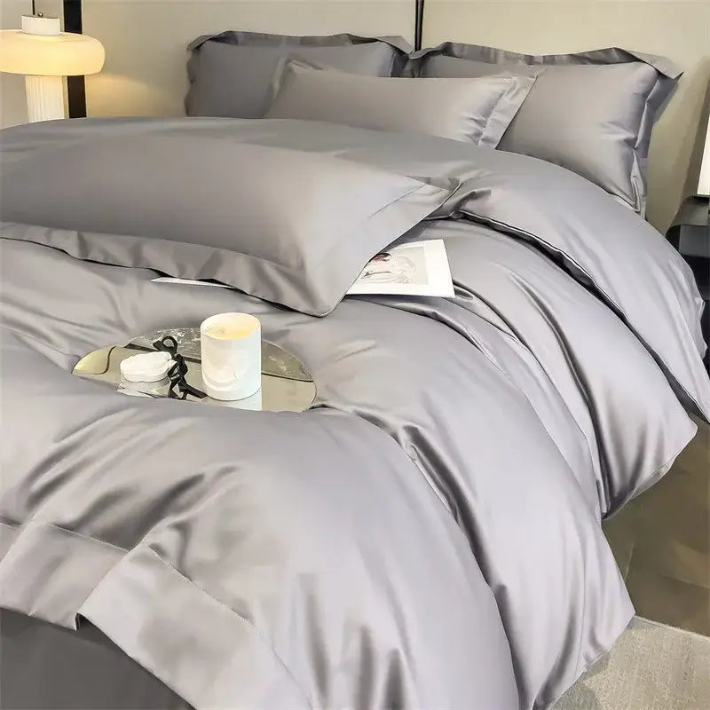 Luxurious silver gray satin duvet cover set bedroom bedding
