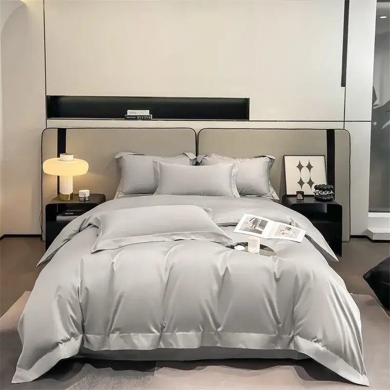 Luxurious silver gray satin duvet cover set bedroom bedding