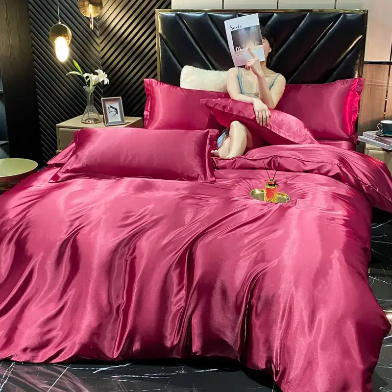 Luxurious blush pink satin 4 pcs duvet cover bedroom bedding set