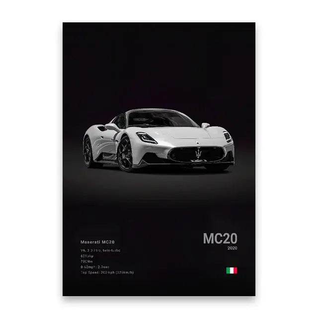 Luxury silver sports car canvas wall art living room decor
