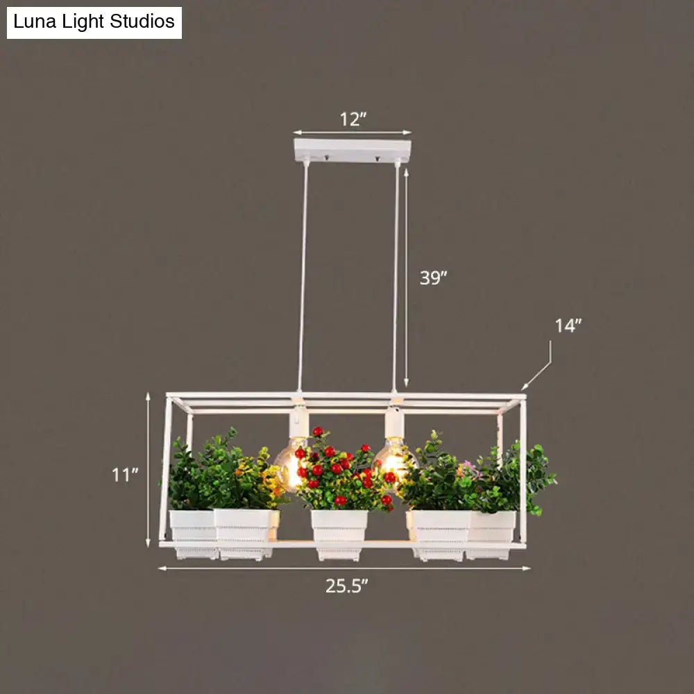 Modern black metal rectangle light fixture with artificial bonsai dining room pendant