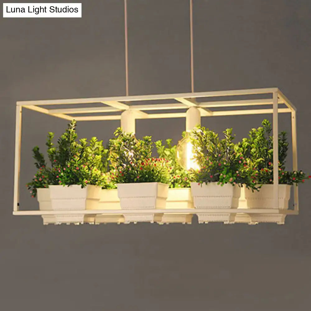 Modern black metal rectangle light fixture with artificial bonsai dining room pendant