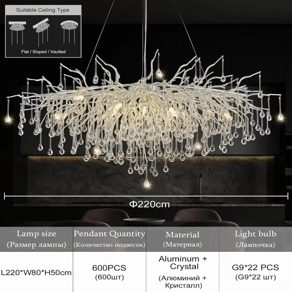 DecorBites™ Modern Chrome Crystal Chandelier - Long Raindrop Pendant