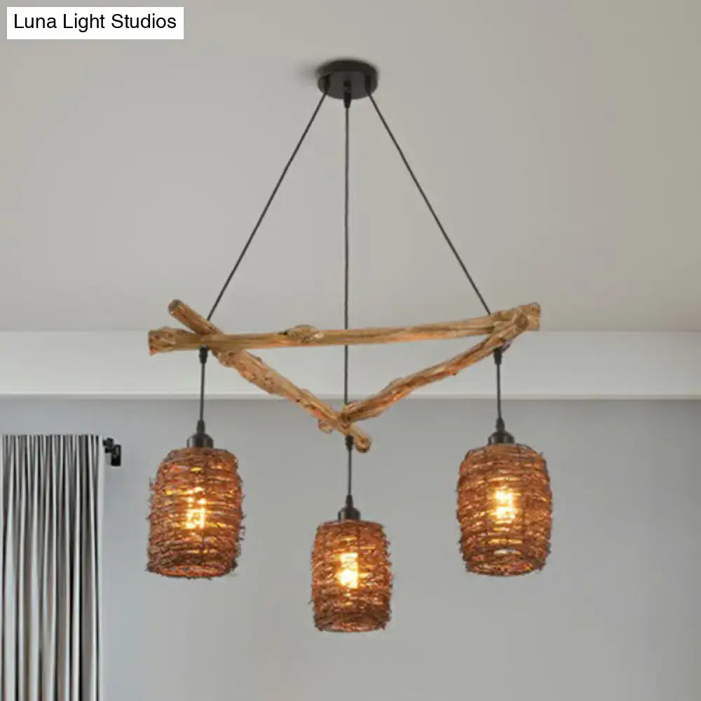 Rustic brown branch ceiling light – bedroom woven wicker chandelier