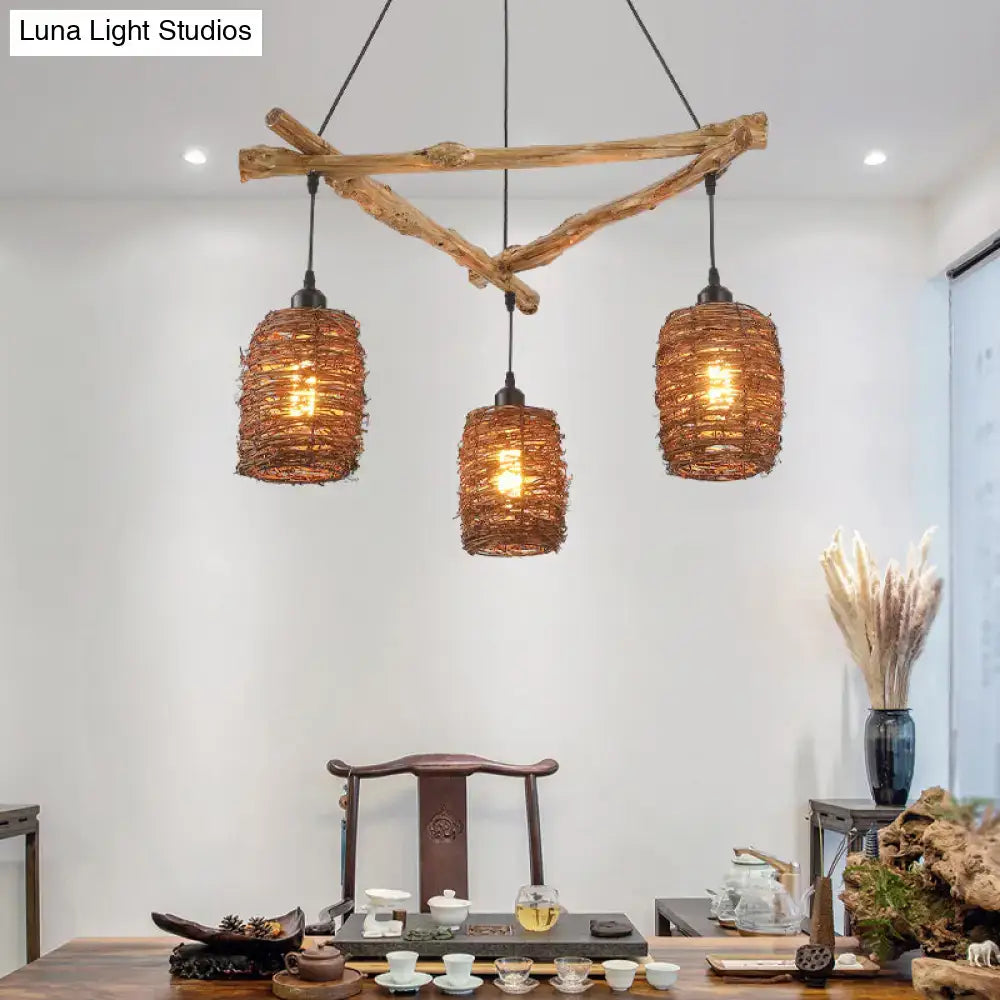 Rustic brown branch ceiling light – bedroom woven wicker chandelier