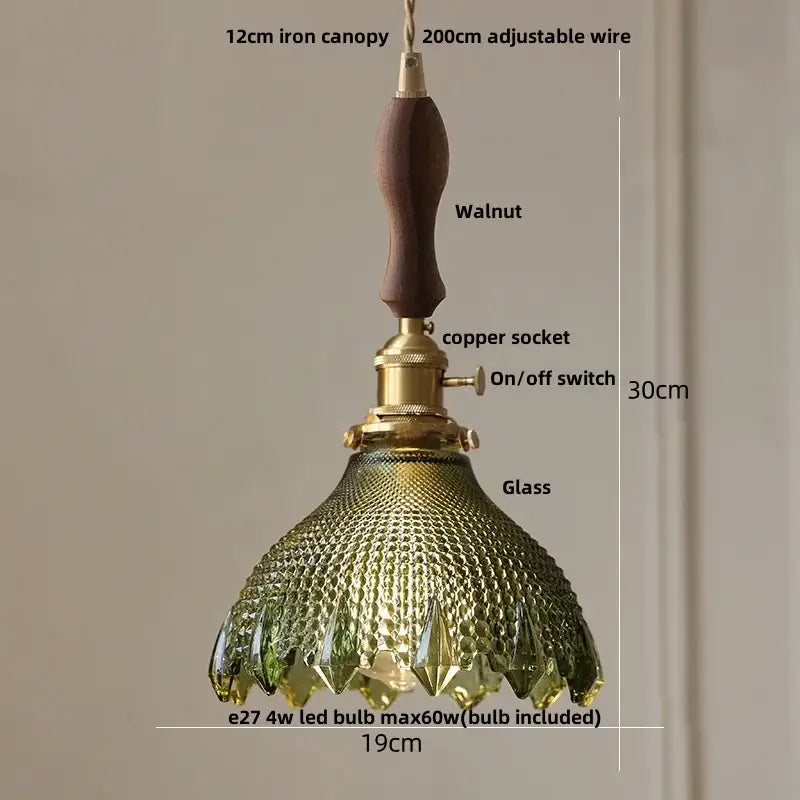 Floral green glass led pendant light kitchen ribbed brass fixture
