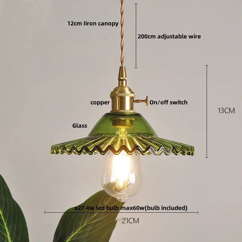 Floral green glass led pendant light kitchen ribbed brass fixture
