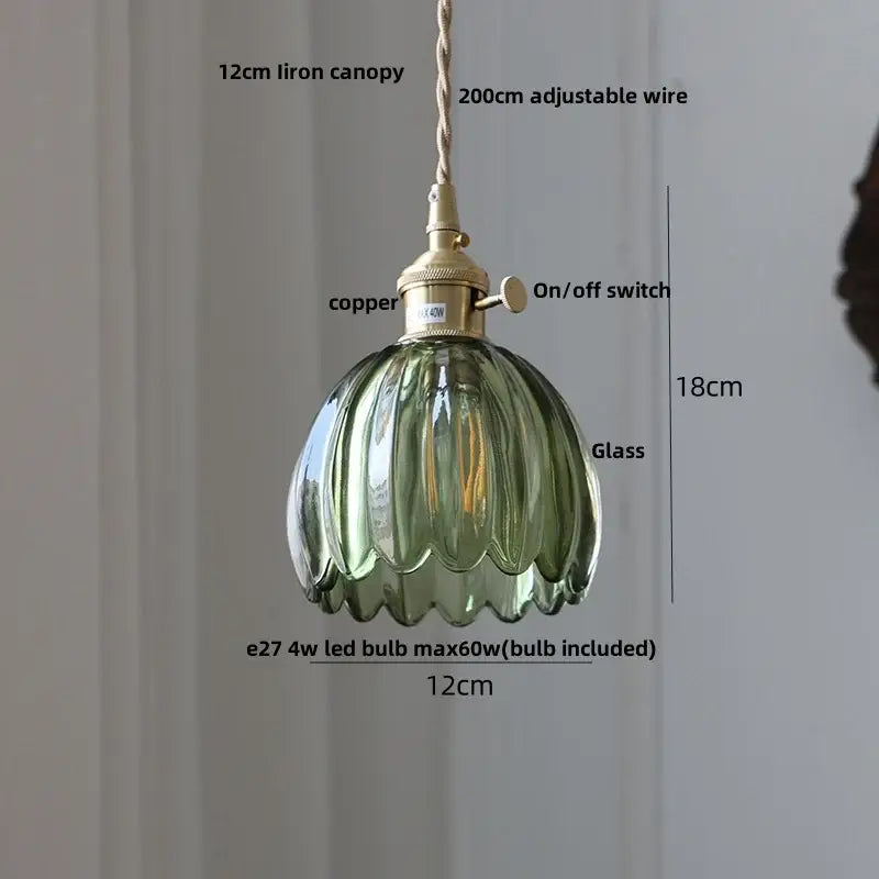 Floral green glass led pendant light kitchen ribbed brass fixture