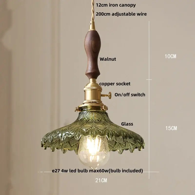 Floral green glass led pendant light kitchen ribbed brass fixture
