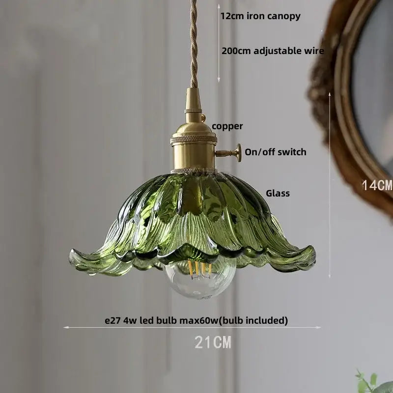 Floral green glass led pendant light kitchen ribbed brass fixture