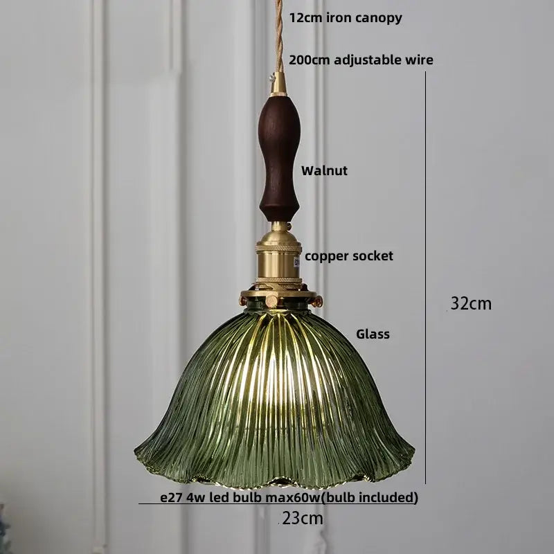 Floral green glass led pendant light kitchen ribbed brass fixture