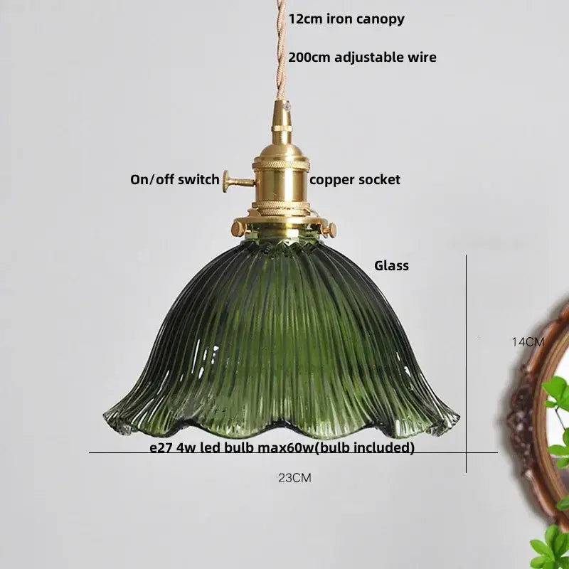 Floral green glass led pendant light kitchen ribbed brass fixture