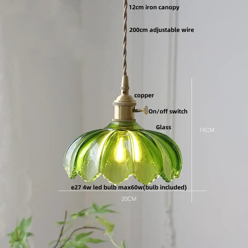 Floral green glass led pendant light kitchen ribbed brass fixture