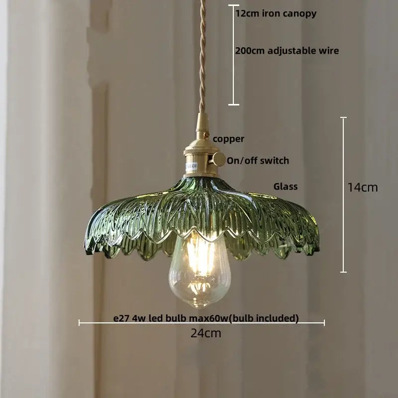 Floral green glass led pendant light kitchen ribbed brass fixture