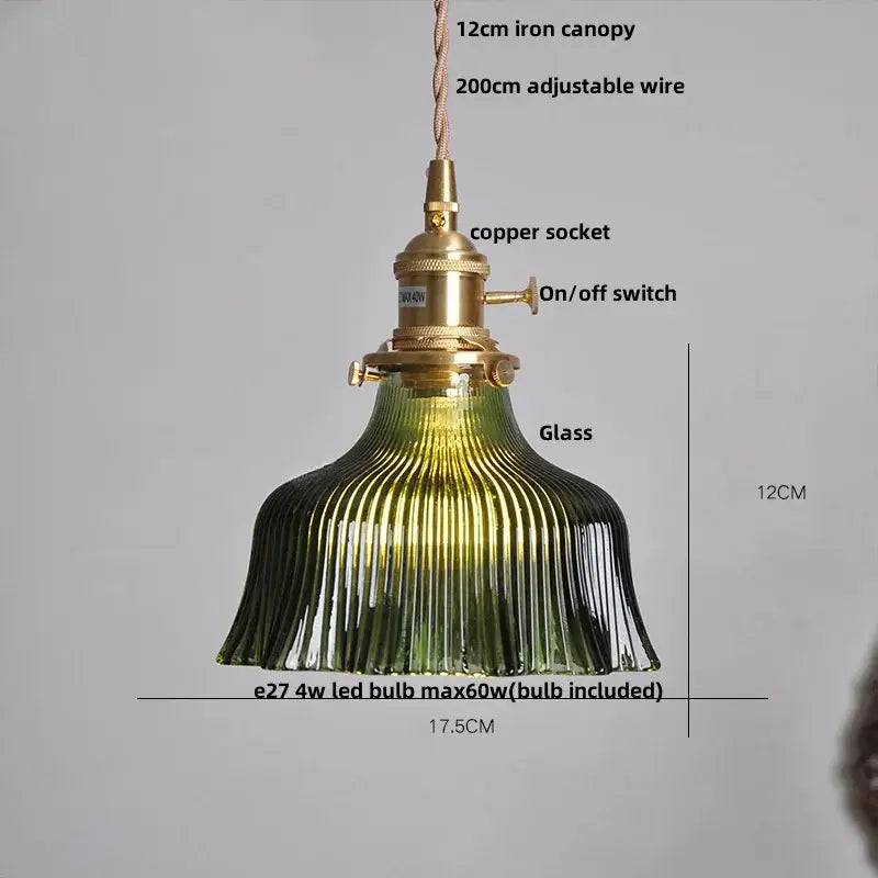 Floral green glass led pendant light kitchen ribbed brass fixture