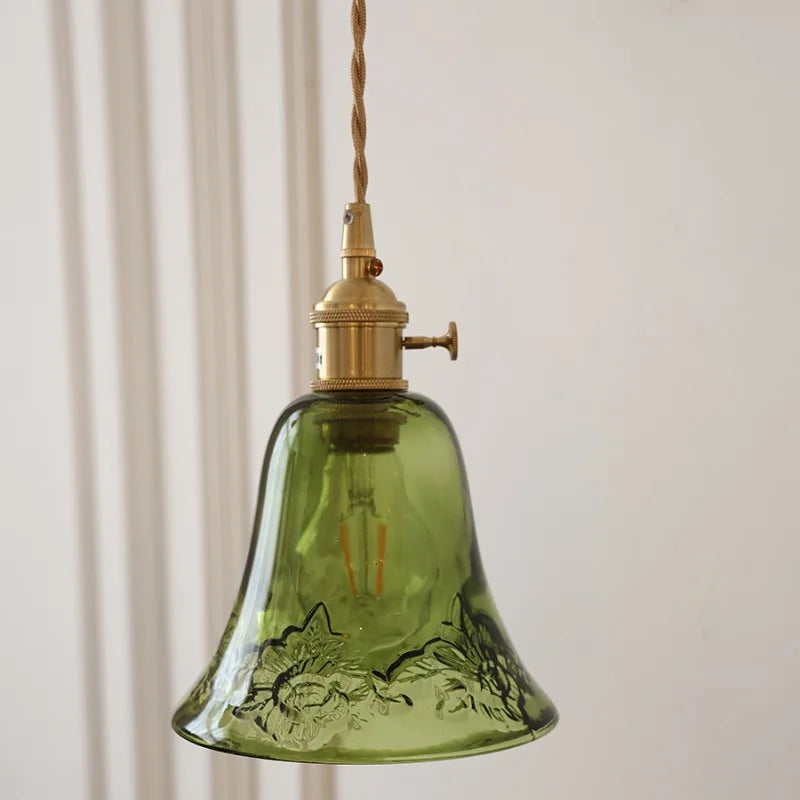 Floral green glass led pendant light kitchen ribbed brass fixture