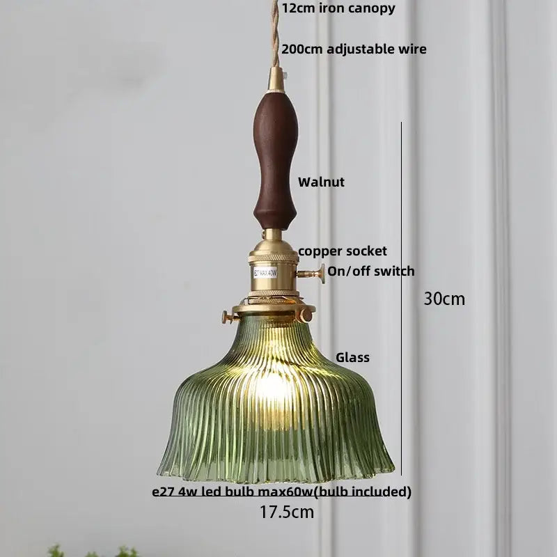 Floral green glass led pendant light kitchen ribbed brass fixture