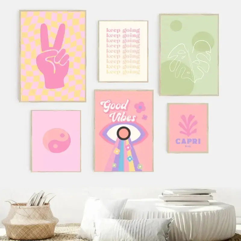 Pastel pink & lavender smiley flower wall art for bedroom decor