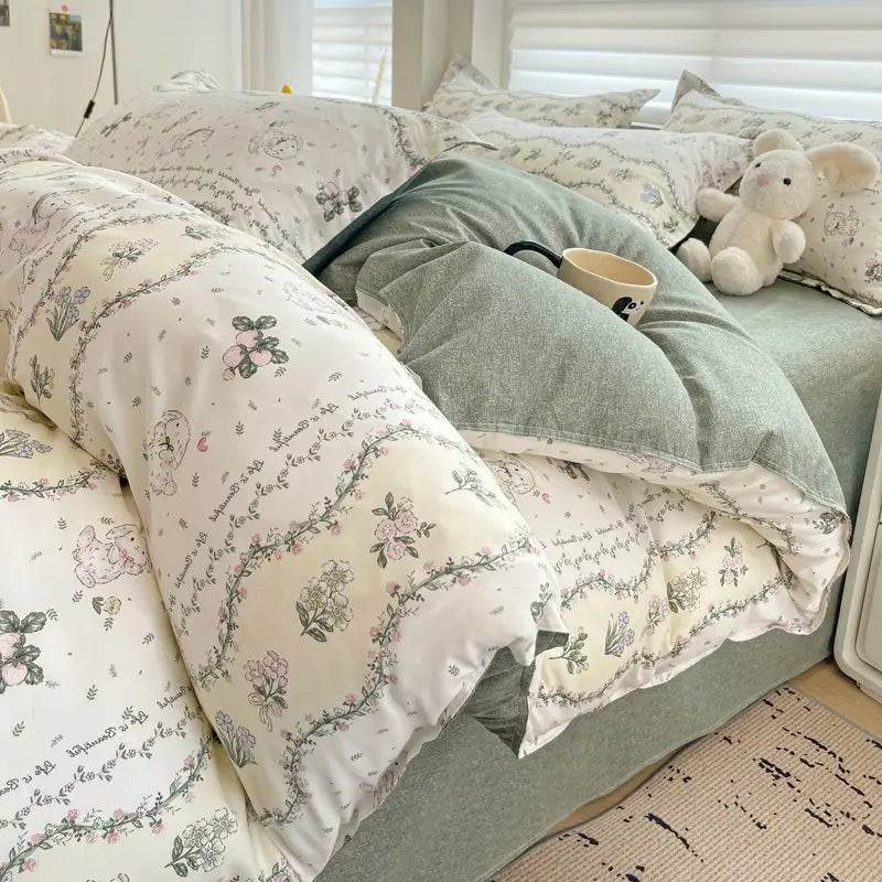 DecorBites™ Pink Floral Bedding Set - Queen Size