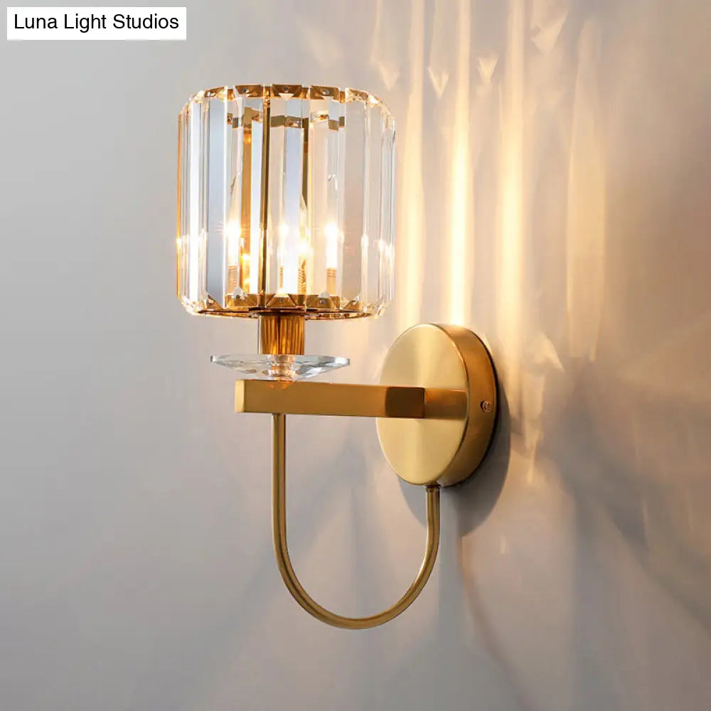 DecorBites™ Postmodern Gold Cylindrical Crystal Wall Sconce with Curved Arm